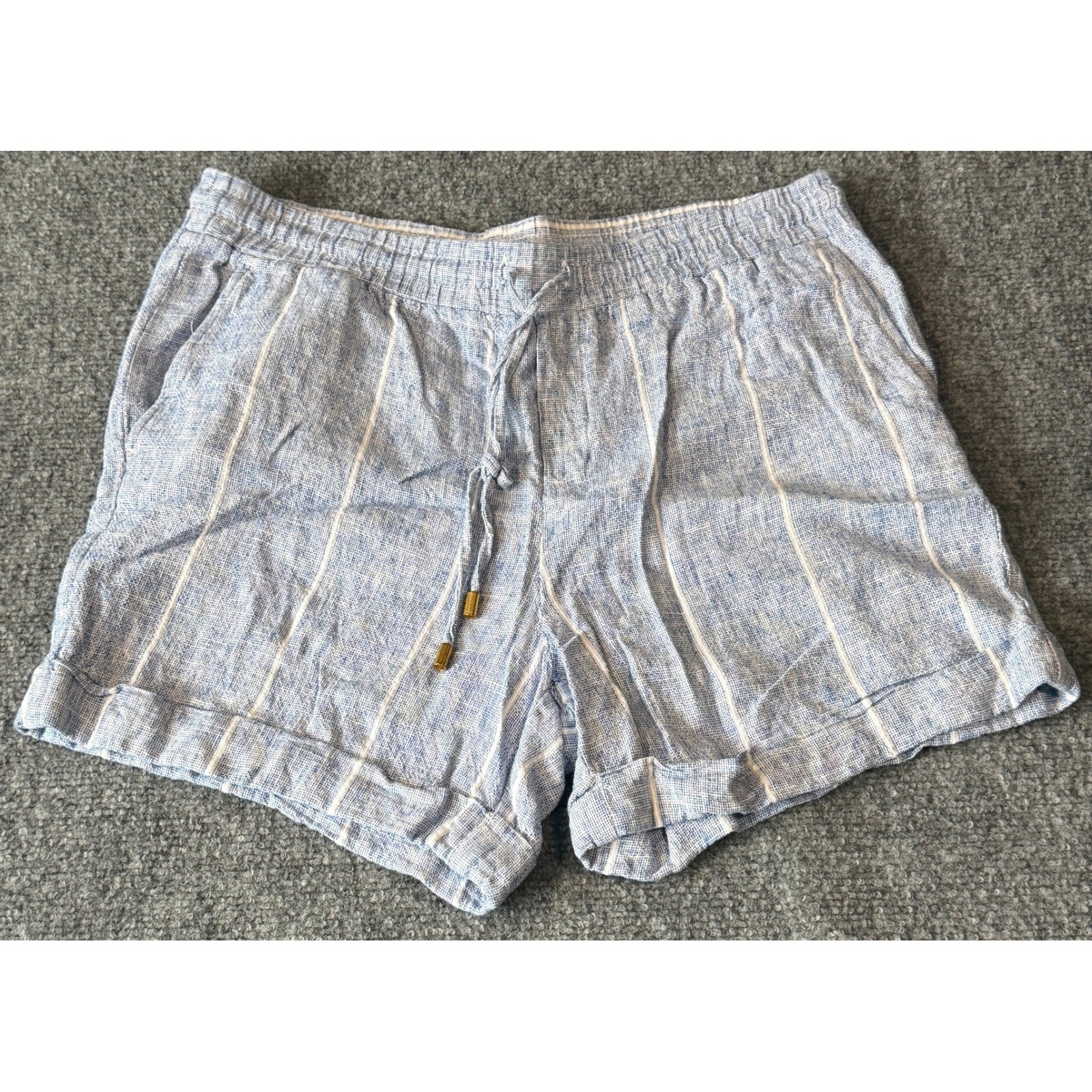 Ellen Tracy Blue White Striped Linen Blend Drawstring Shorts Womens Small
